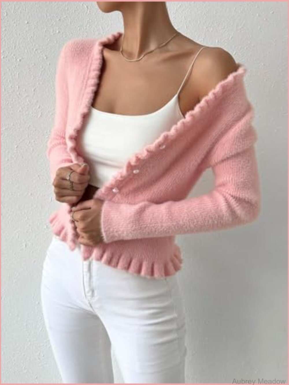 Ruffle Button Cardigan Knitted Cropped V-Neck Long Sleeve Front Open Top - Picture 4 of 7